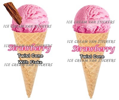Hard Scooped Strawberry Ice Cream twist cone and twist cone with flake  2 stickers