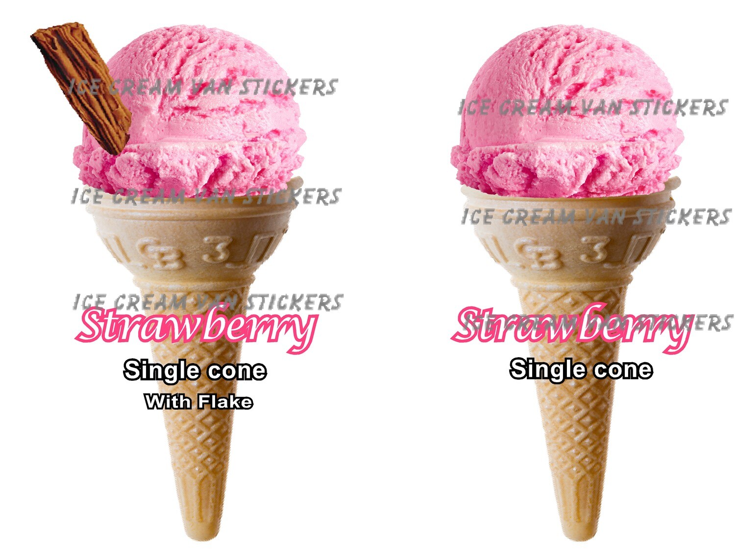 Hard Scooped Strawberry Ice Cream single cone and  single cone with flake  2 stickers