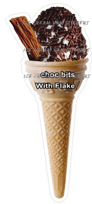 Hard Scooped vanilla  flavoured Ice Cream choc bits single  Cone with flake