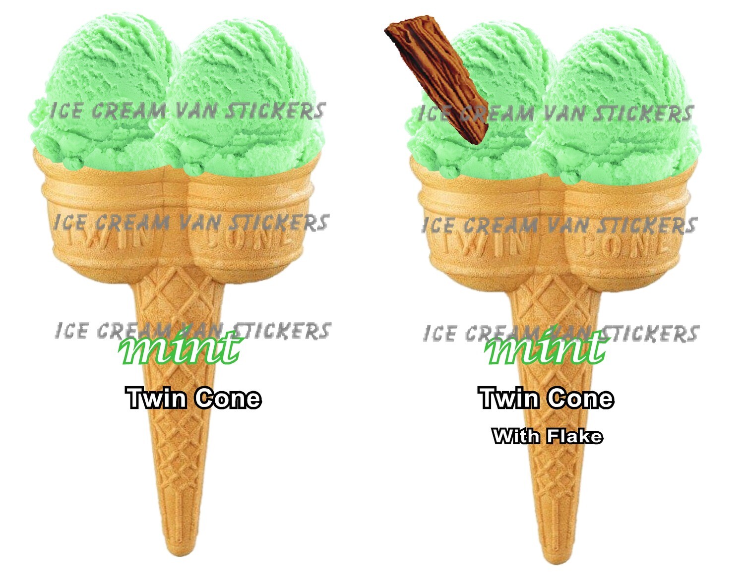 2 x Hard Scooped mint  flavoured single double Ice Cream  cone and double cone with  with flake