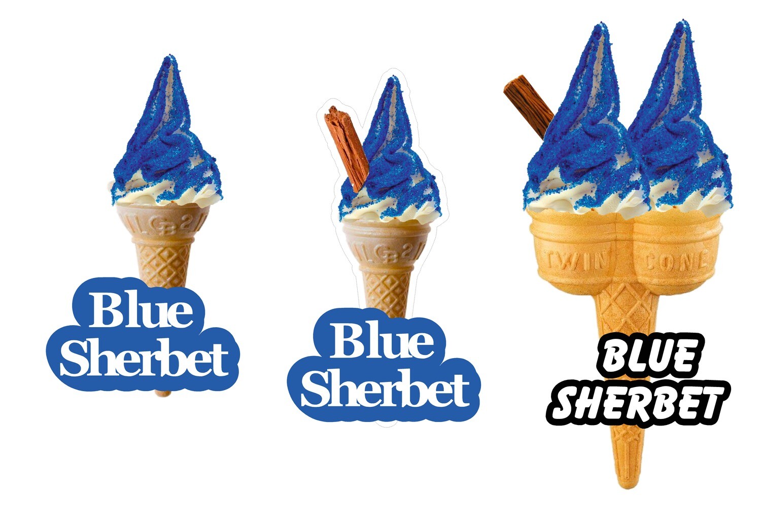 3  x whippy soft ice cream Single Cone  blue sherbet