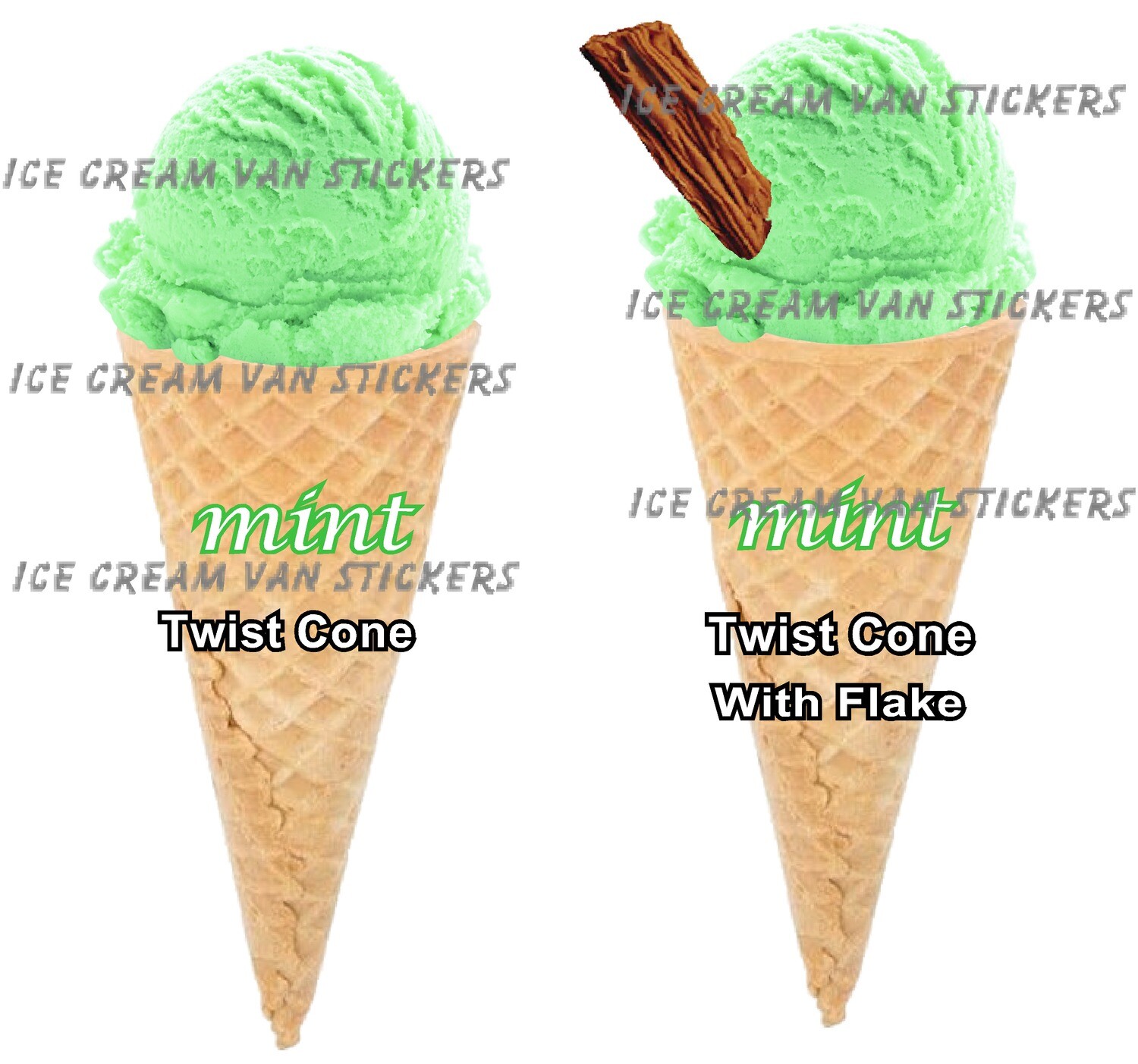 2 x Hard Scooped mint  flavoured single twist Ice Cream  cone and twist cone with  with flake