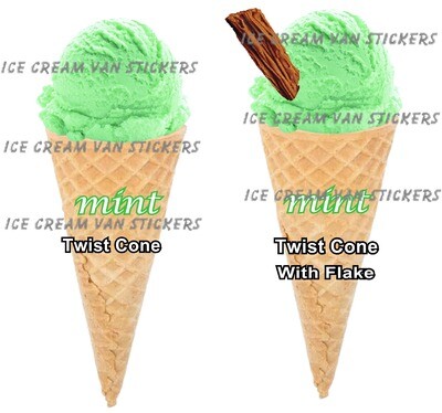 2 x Hard Scooped mint  flavoured single twist Ice Cream  cone and twist cone with  with flake