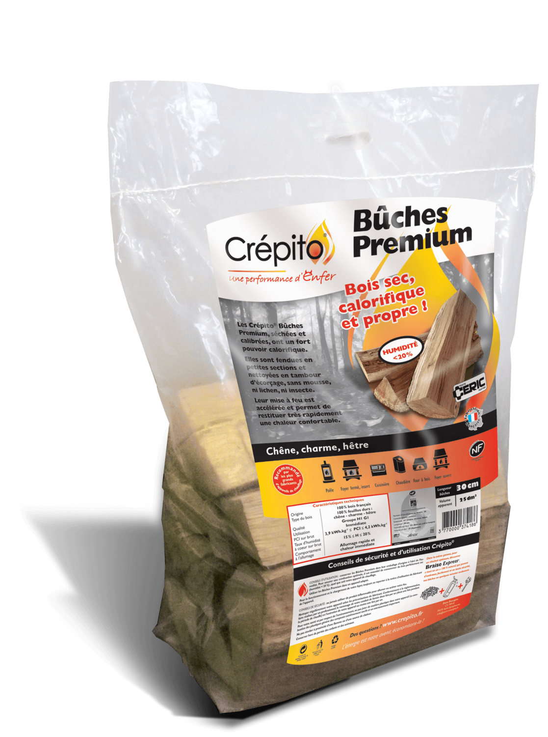 Sac de Bûches Premium Crépito -  25 dm³ en 30cm