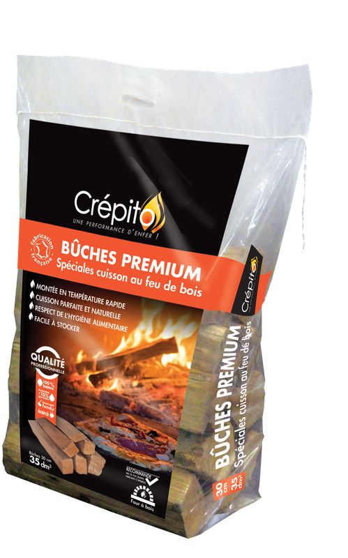 Sac SPECIALES CUISSON AU FEU BOIS Bûches Premium Crépito 35dm³ en 30 cm Sac SPECIALES CUISSON AU FEU BOIS Bûches Premium Crépito 35dm³ en 30 cm
