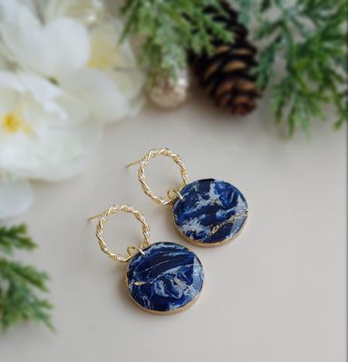 Navy Marble Circle Dangles