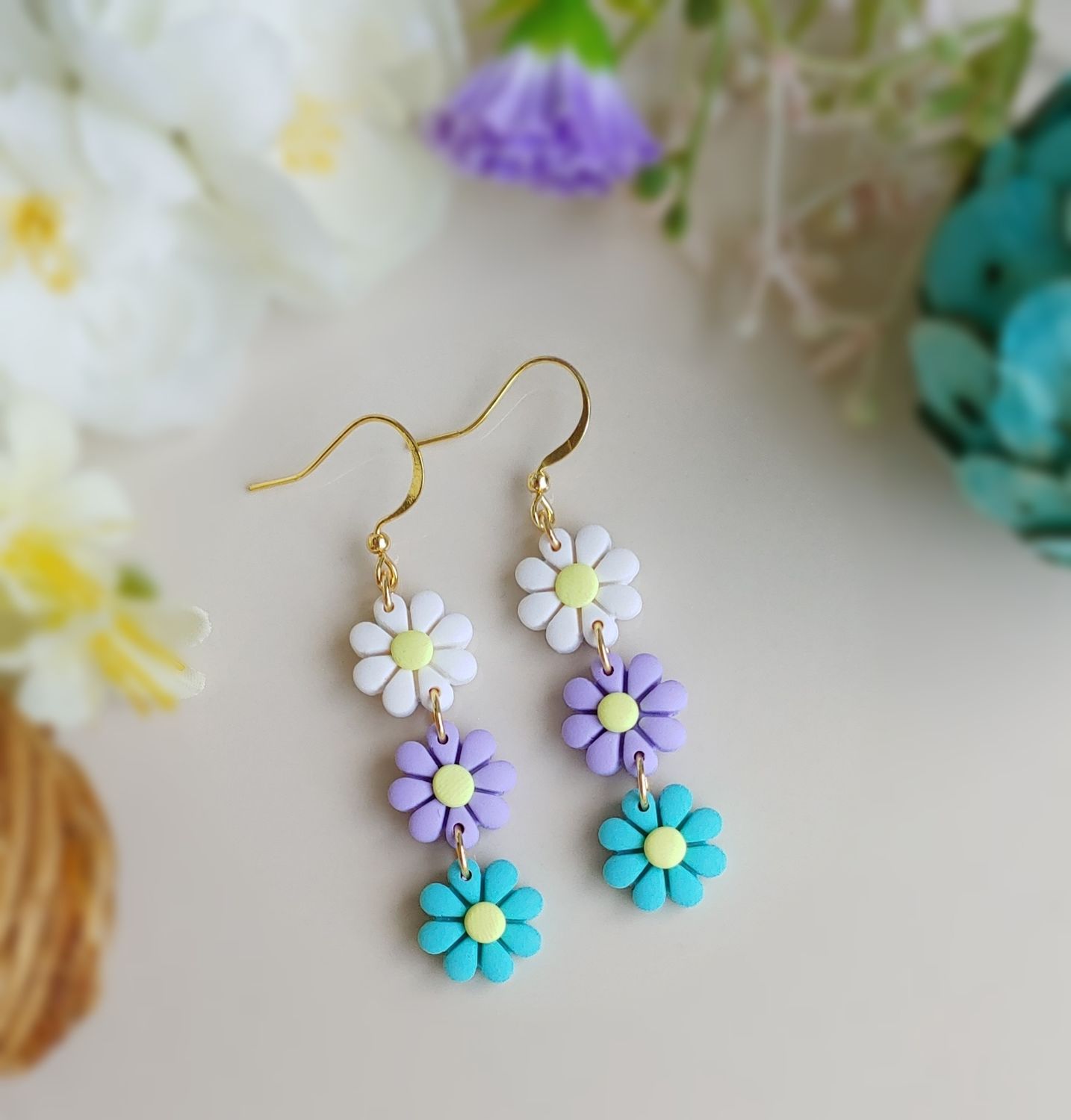 Triple Daisy Dangles - White/Purple/Blue