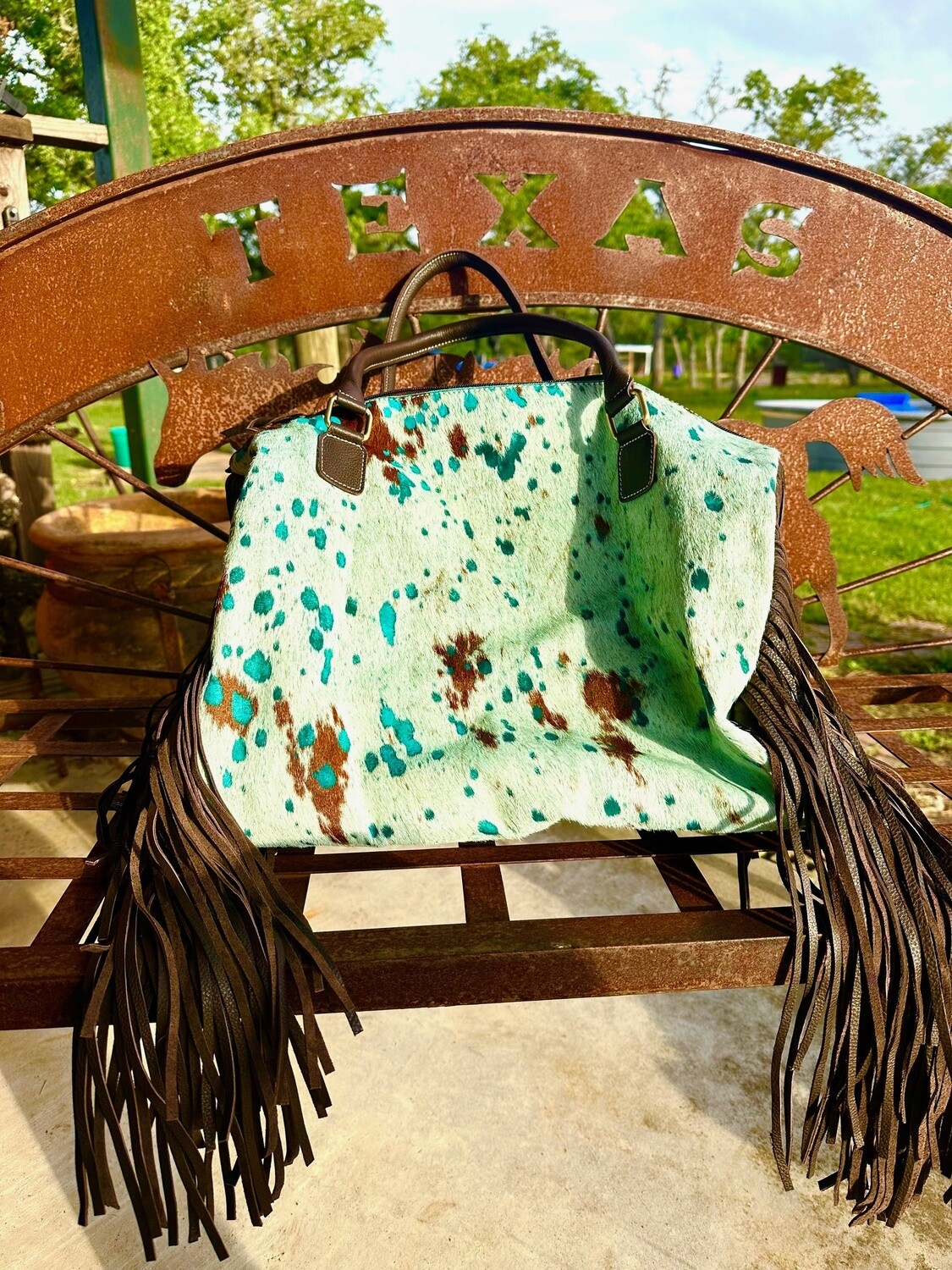 Xl Duffle Bag - Leather Hair on Cowhide Travel Weekender - Acid Wash Turquoise