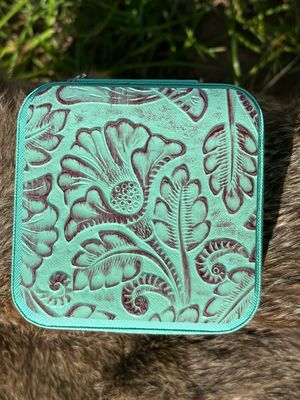 MINT TURQUOISE TOOLED TRAVEL JEWELRY CASE