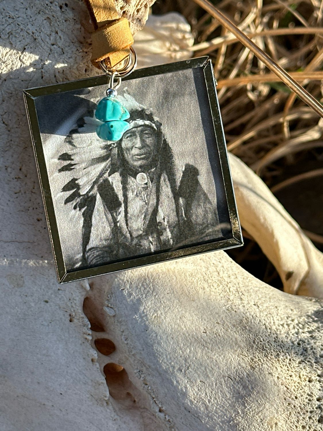 Chief Iron Tail Framed Glass On Deerskin
