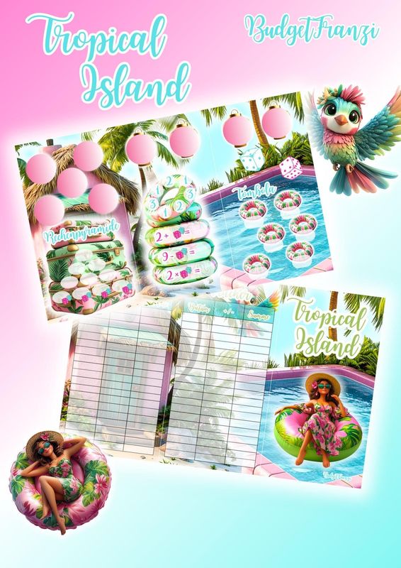 3er Klappkarte Tropical Island Urlaub Sommer  Sparspiel Sparchallenge A6 Binder