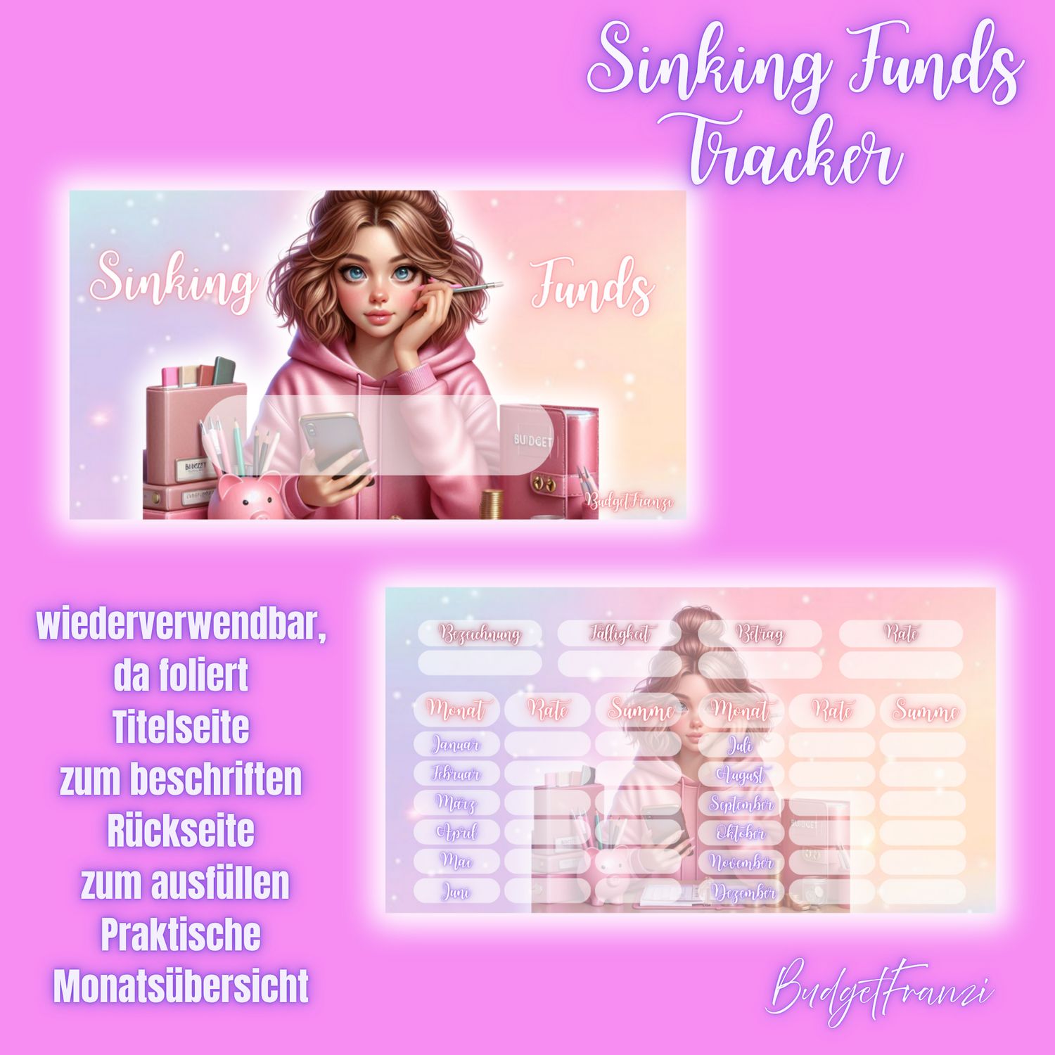 5er Set Sinking Funds Tracker A6 Binder beidseitig bedruckt und foliert Umschlagmethode