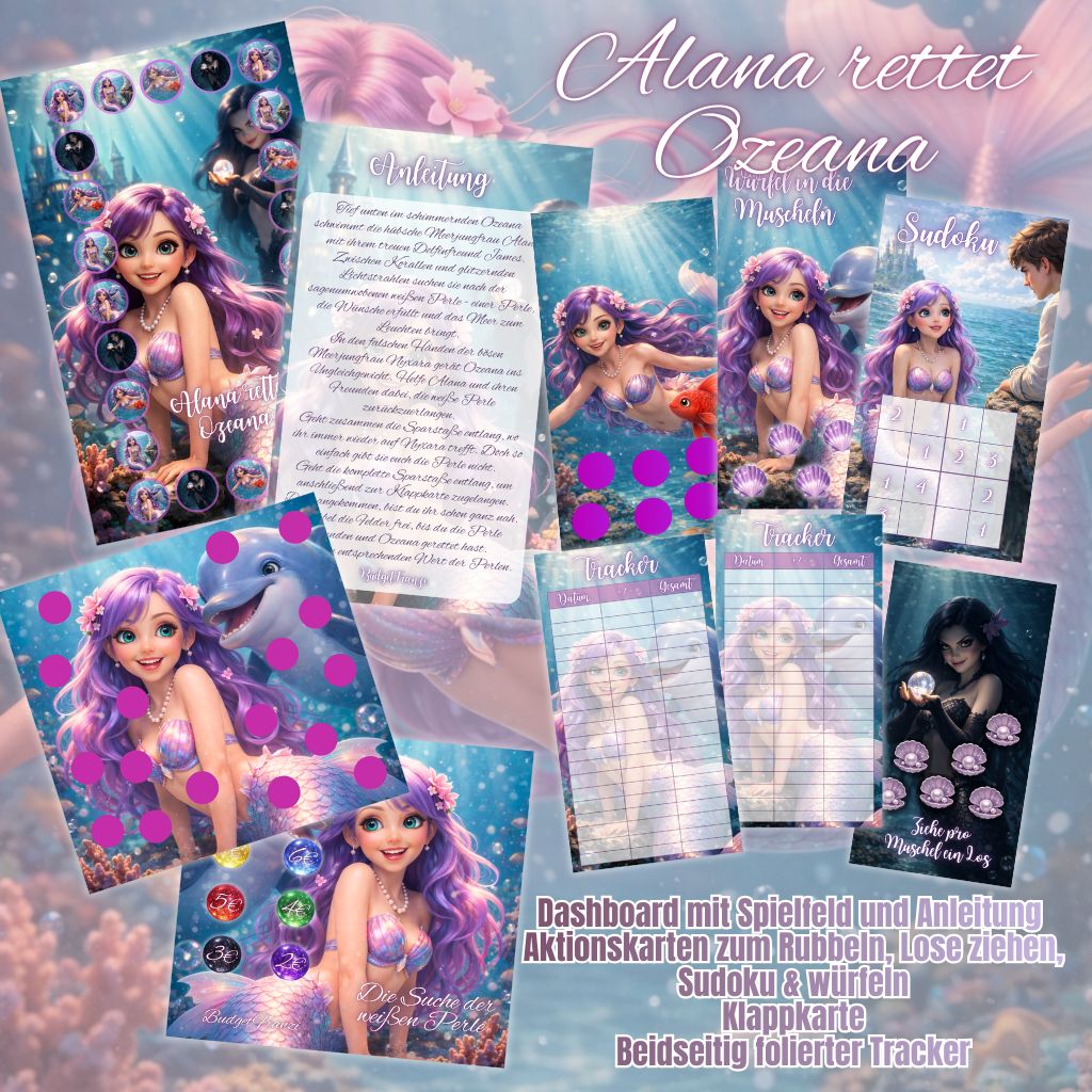 Sparspiel Alana rettet Ozeana mit viel Zubehör und Aktionen Budget großes Sparspiel A6 Binder