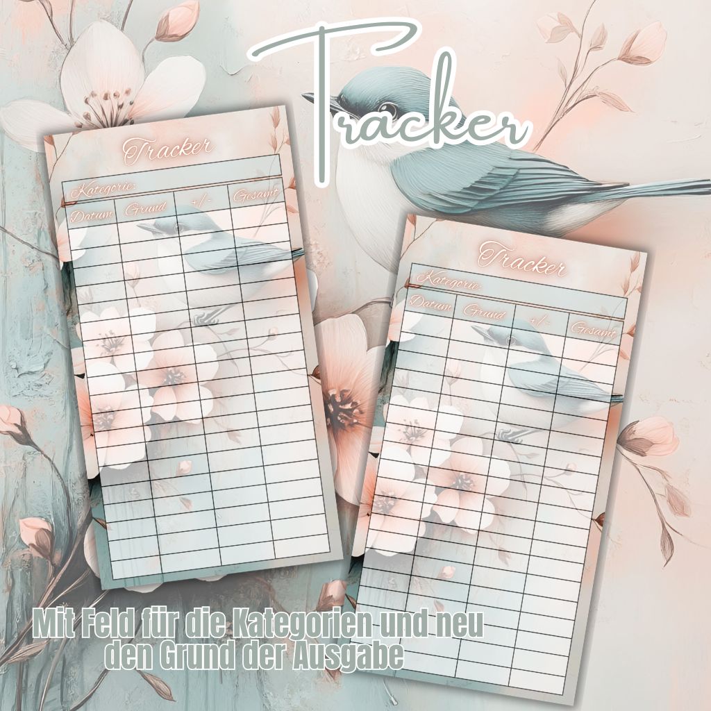 10er Set Frühling Vogel mint rosa Budget Tracker A6 Binder beidseitig bedruckt und matt foliert Umschlagmethode