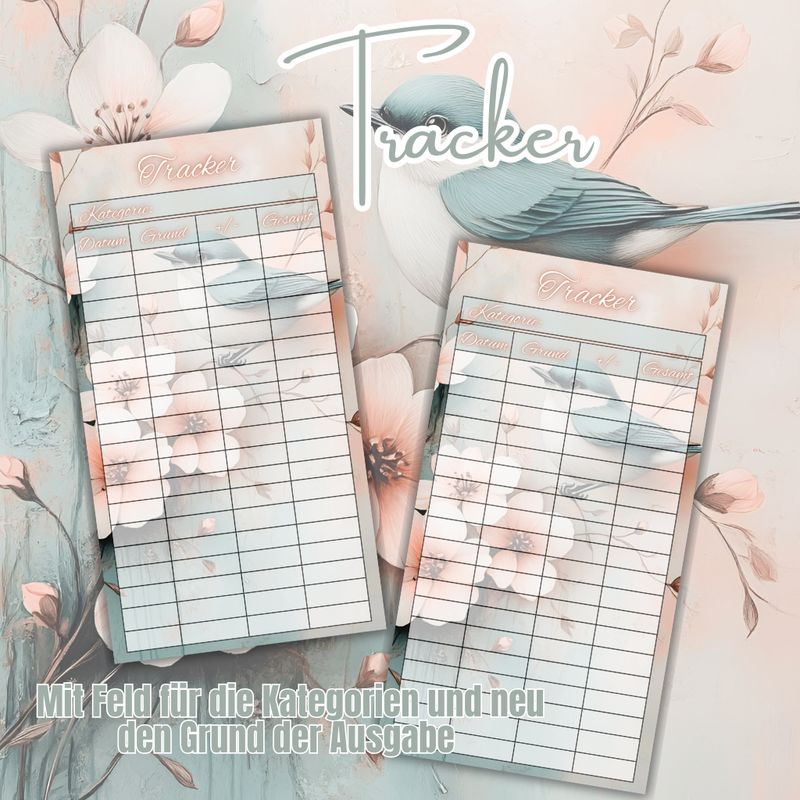 10er Set Frühling Vogel mint rosa Budget Tracker A6 Binder beidseitig bedruckt und matt foliert Umschlagmethode