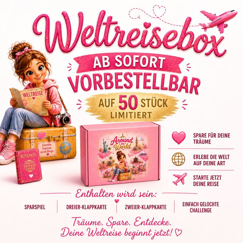 Weltreisebox around the World Sparspiele Sparchallenges BudgetFranzi Budget A6 Binder