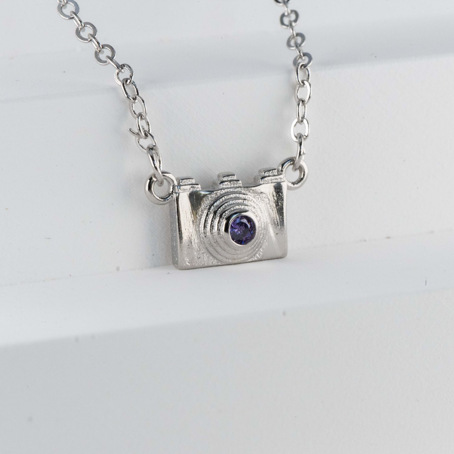 925 Silver Camera Necklace with Purple Zircon