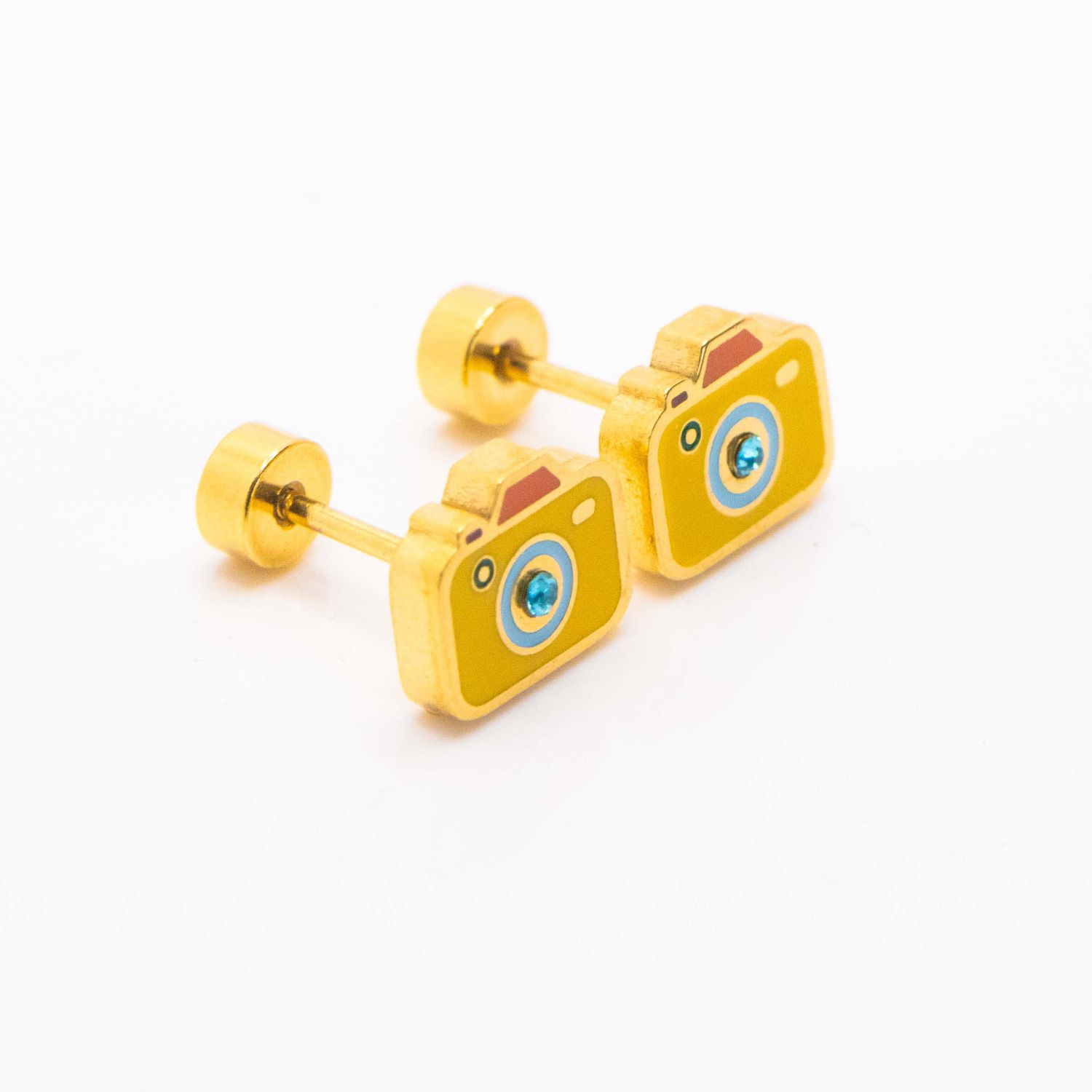 Stainless Steel Colourful Camera Studs Earrings | Gold Plated