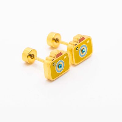Stainless Steel Colourful Camera Studs Earrings | Gold Plated