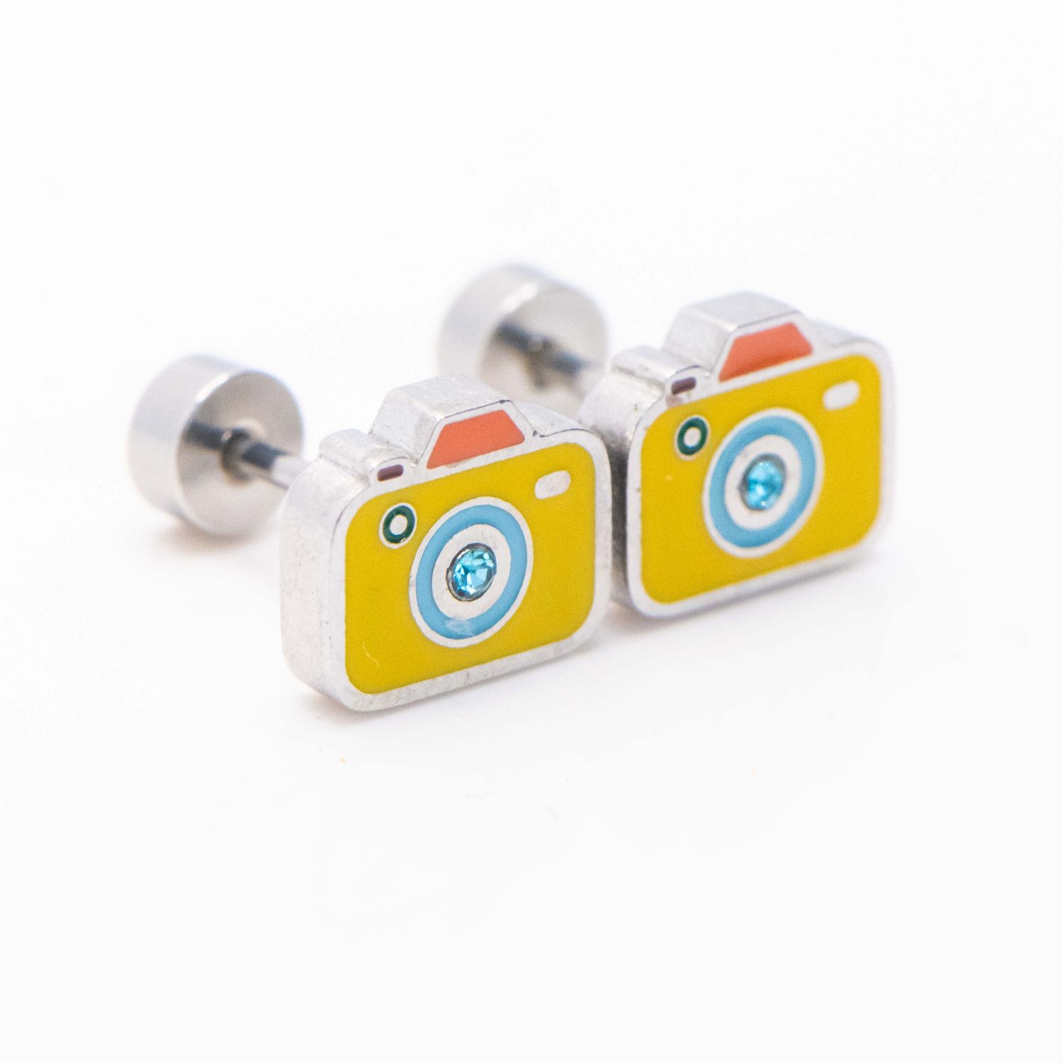 Stainless Steel Colourful Camera Studs Earrings | Silver