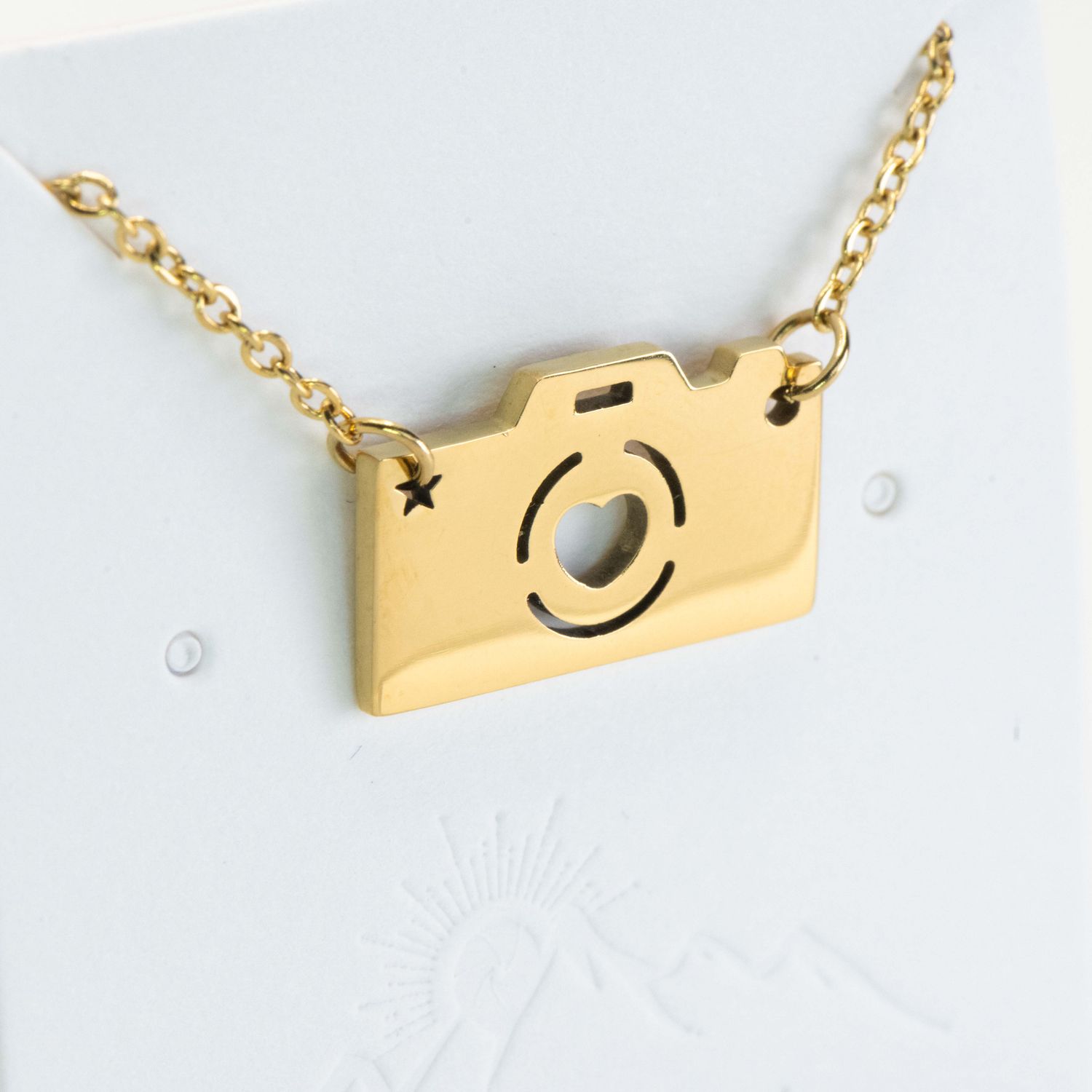 Stainless Steel Hearted Camera Necklace | Gold Pleated