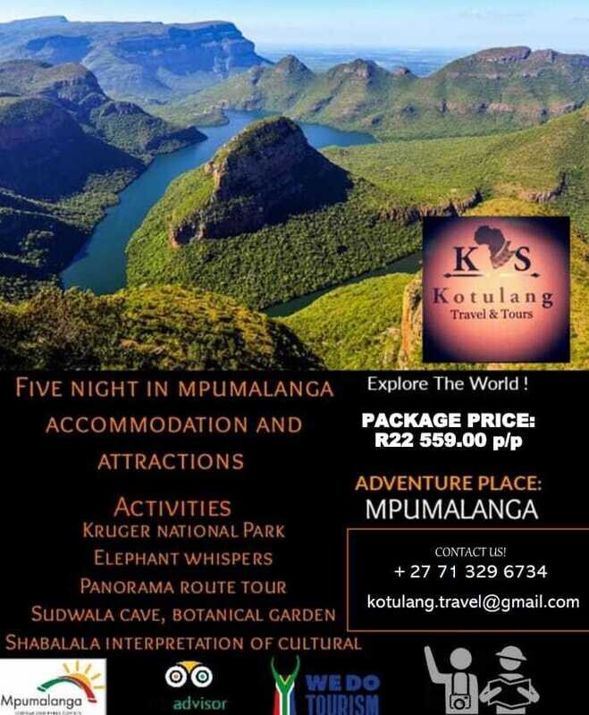 Visit South Africa with kotulang travel and tours.
For more information
Upload the flyer and get contact information