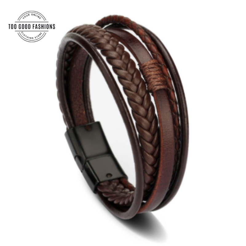 Brown Leather Layered Bracelet with Magnetic Clasp