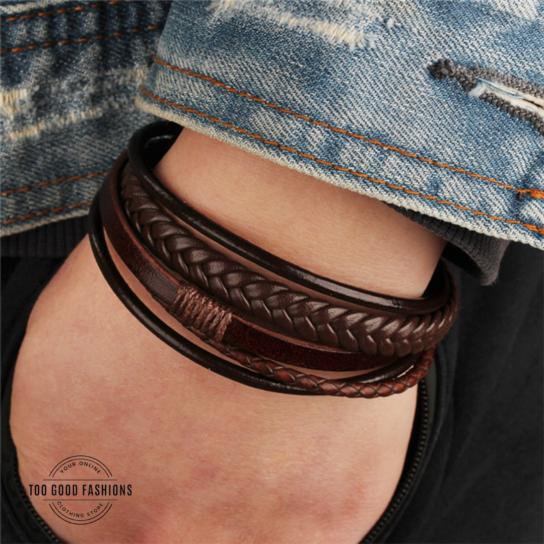Brown leather layered bracelet with magnetic clasp