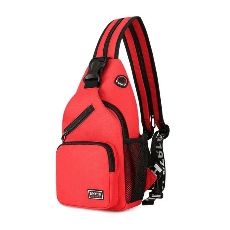 Red convertible sling bag with zip closure
