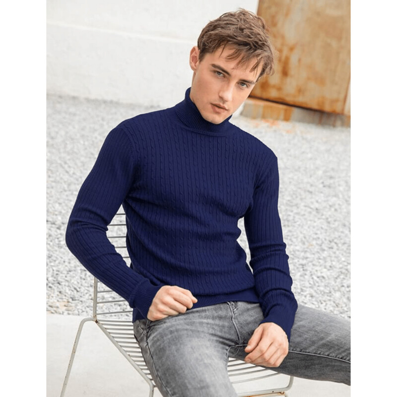Navy Blue Knitted Slim-Fit Turtleneck Sweater