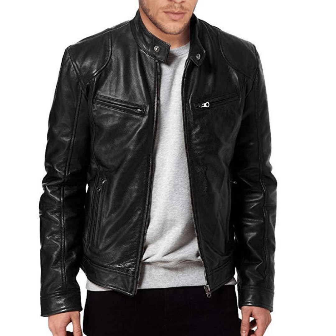 Men&#39;s black slim-fit PU leather jacket