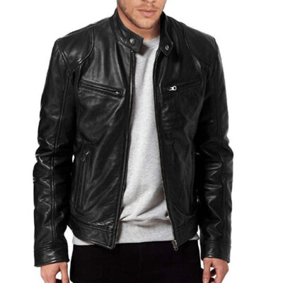 Black Slim-Fit PU Leather Jacket (XL, 2XL)