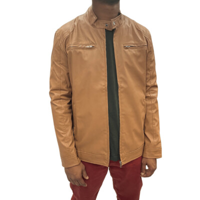 Khaki Slim-Fit PU Leather Jacket