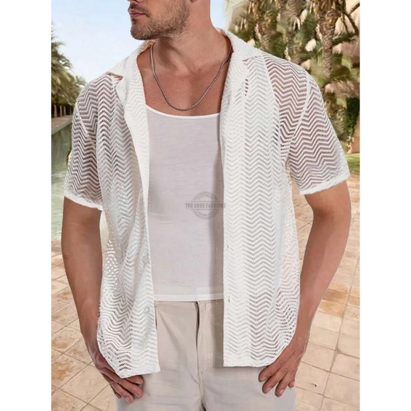 Men&#39;s white mesh short-sleeve shirt
