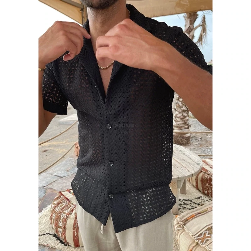 Men&#39;s black mesh short-sleeve shirt