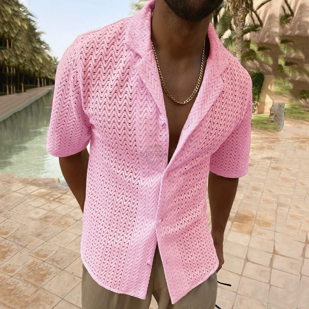 Men&#39;s pink mesh short-sleeve shirt