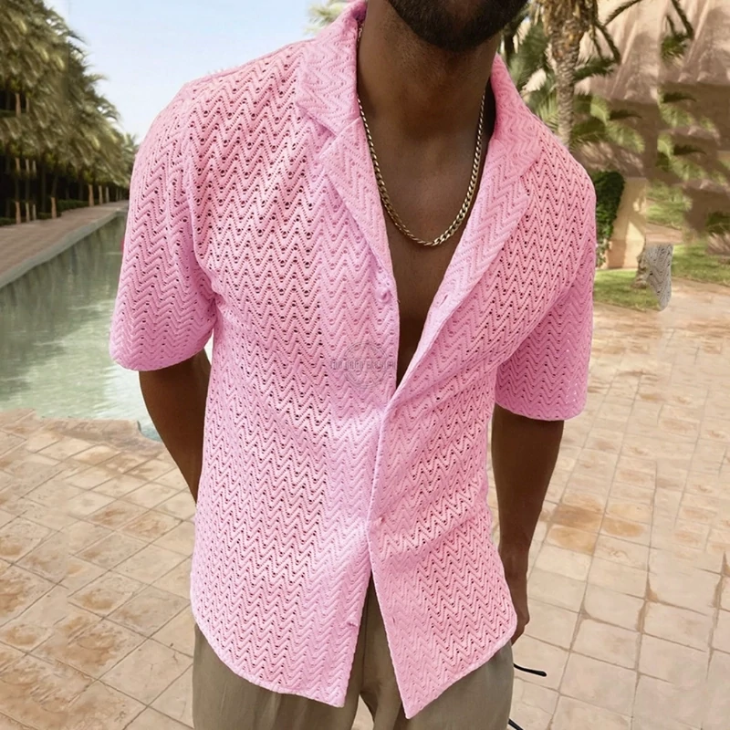 Men&#39;s pink mesh short-sleeve shirt