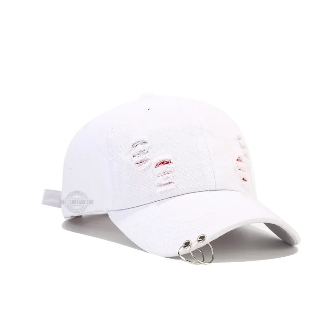 White distressed denim cap with double-ring adjustable closure - vintage streetwear style