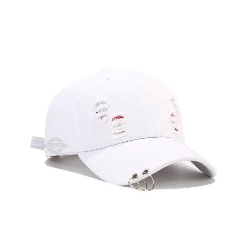 White distressed denim cap with double-ring adjustable closure - vintage streetwear style
