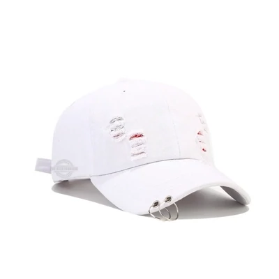 White distressed denim cap with double-ring adjustable closure - vintage streetwear style