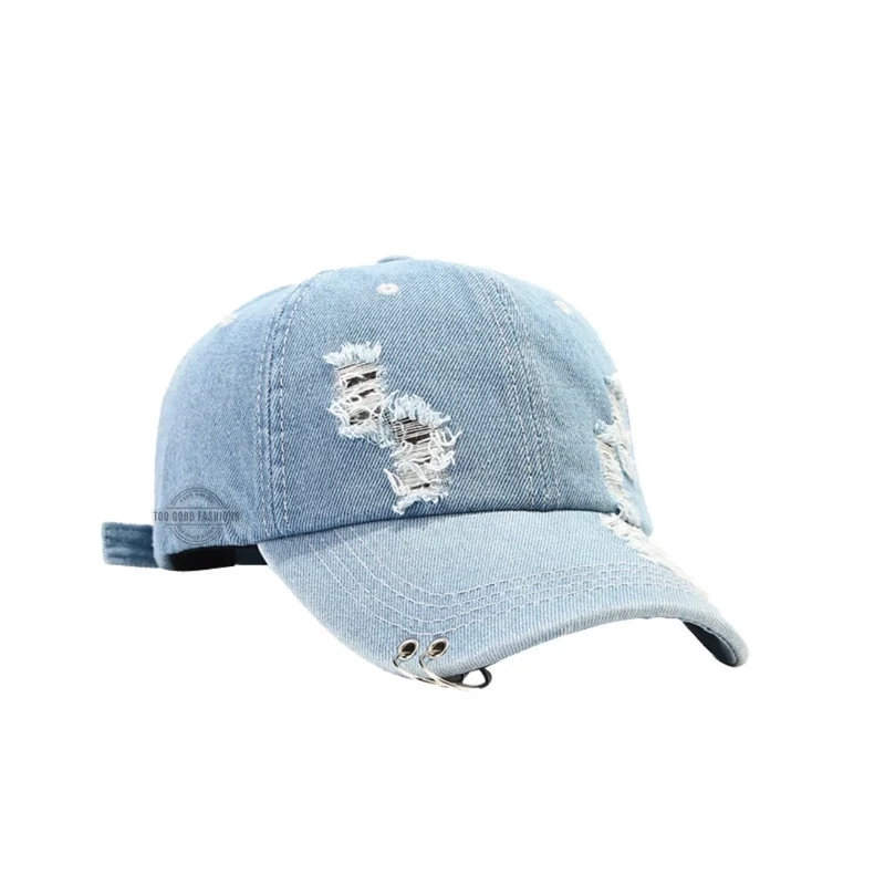 Light wash distressed denim cap with metal double ring design, streetwear look

