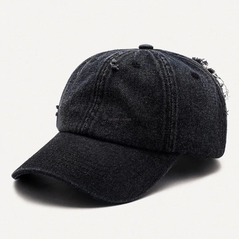 Black distressed denim baseball cap with vintage wash - adjustable streetwear hat