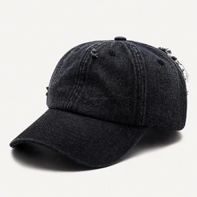 Black distressed denim baseball cap with vintage wash - adjustable streetwear hat