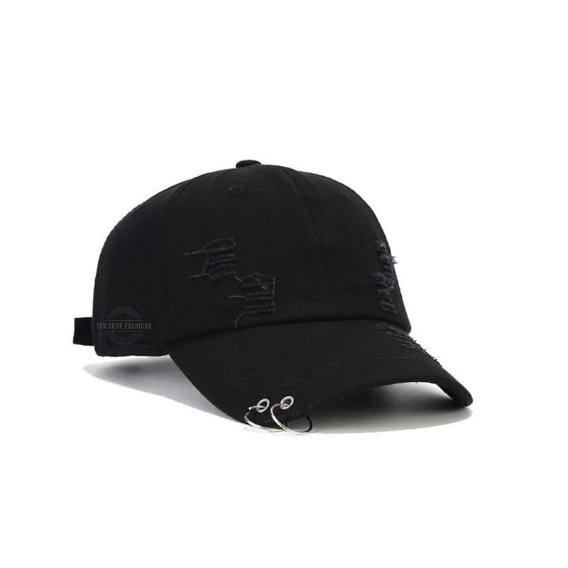 Deep black distressed denim cap with metal double ring detail, streetwear style