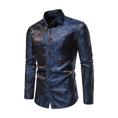 Navy Blue Rose Embossed Long-Sleeve Shirt