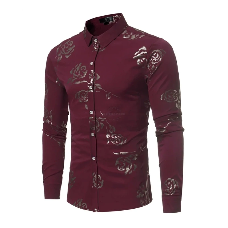 Wine Red Gold Roses Long-Sleeve Shirt