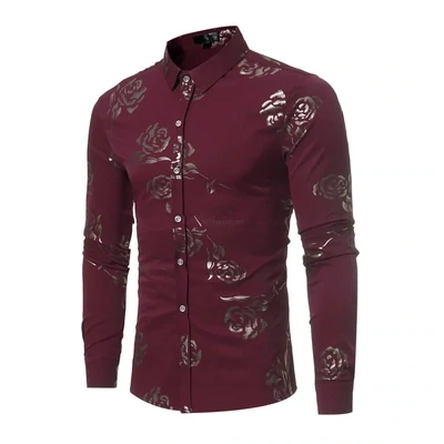 Wine Red Gold Roses Long-Sleeve Shirt