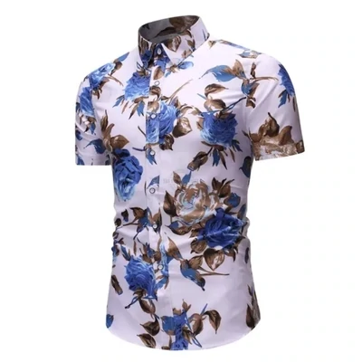 Blue Floral Rose Short-Sleeve Shirt