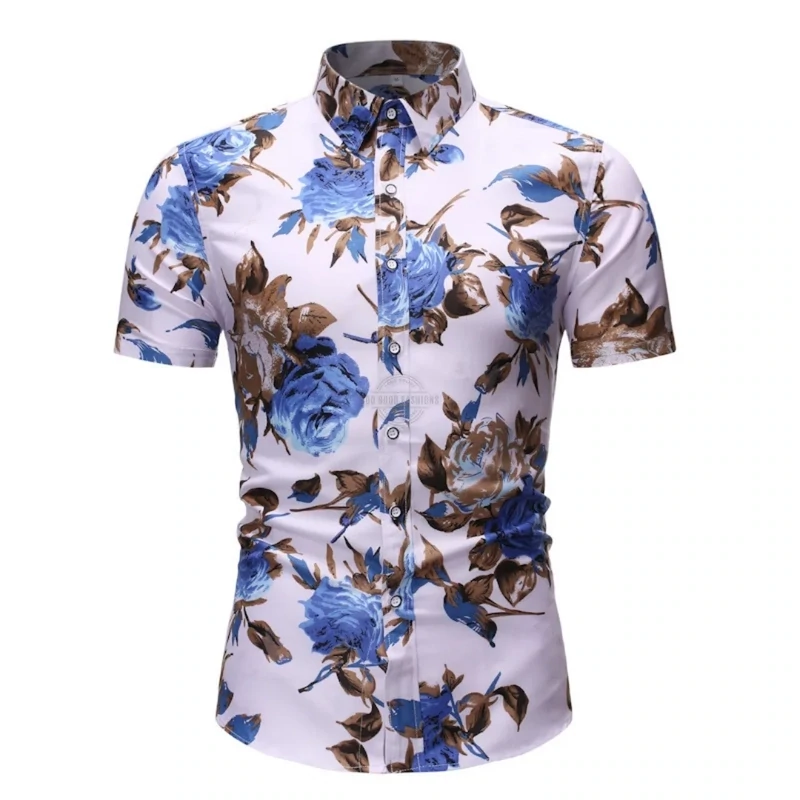 Men&#39;s blue floral rose short-sleeve shirt
