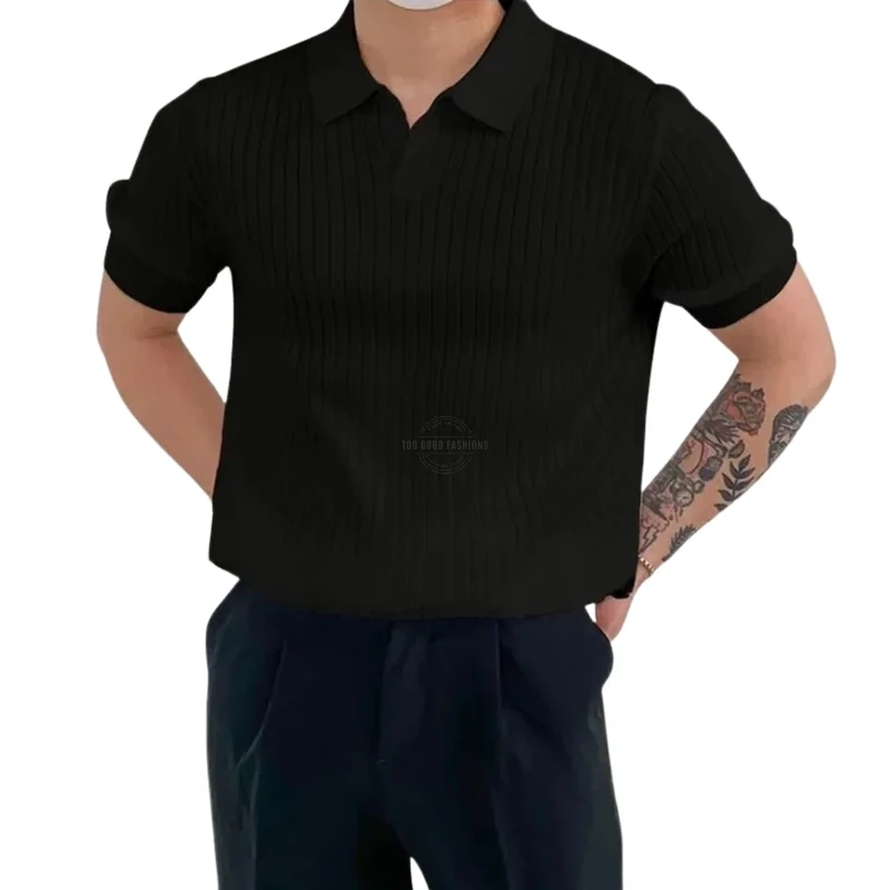 Black Close-Ribbed Short-Sleeve Polo